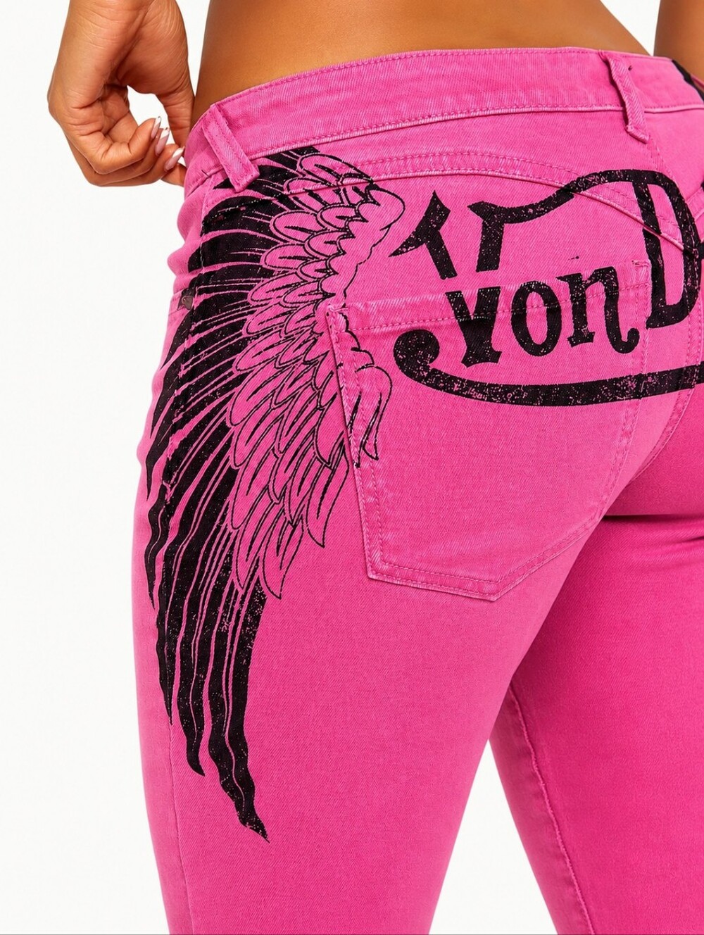 VON DUTCH Tattoo Wings Bootcut Jeans Size 9 Graphic Denim Y2K Flare PINK - Picture 3 of 9